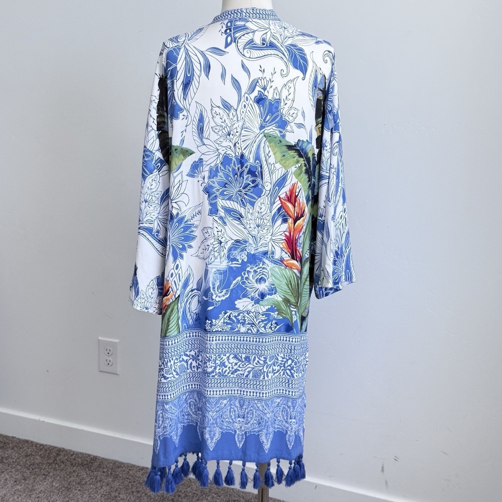 Chicos Kimono Duster Womens Blue Tassels Boho Beach Resort Bold Coastal Tropical - Picture 4 of 10